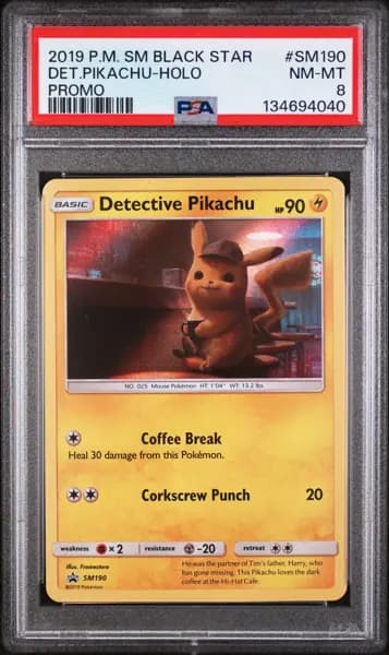 2019 POKEMON SM BLACK STAR PROMO #SM190 DETECTIVE PIKACHU-HOLO PSA 8