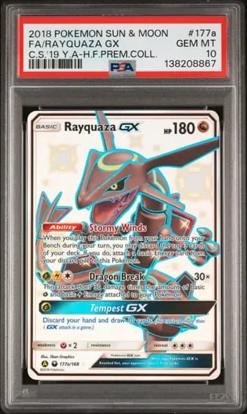 2018 POKEMON SUN & MOON CELESTIAL STORM #177A FULL ART/RAYQUAZA GX PSA 10