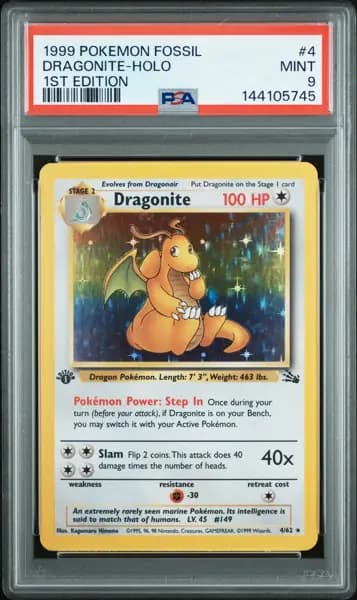 1999 POKEMON FOSSIL 1ST EDITION #4 DRAGONITE-HOLO PSA 9