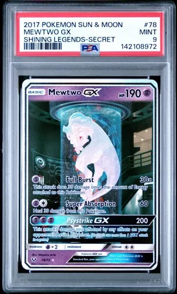 2017 POKEMON SUN & MOON SHINING LEGENDS SECRET #78 MEWTWO GX PSA 9