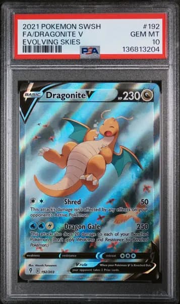 2021 POKEMON SWORD & SHIELD EVOLVING SKIES #192 FULL ART/DRAGONITE V PSA 10