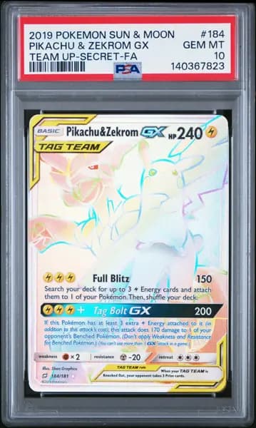 2019 POKEMON SUN & MOON TEAM UP SECRET #184 FULL ART/PIKACHU & ZEKROM GX PSA 10