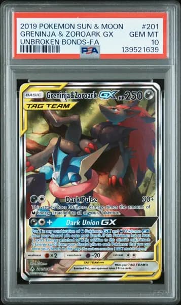 2019 POKEMON SUN & MOON UNBROKEN BONDS FULL ART/GRENINJA & ZOROARK GX PSA 10