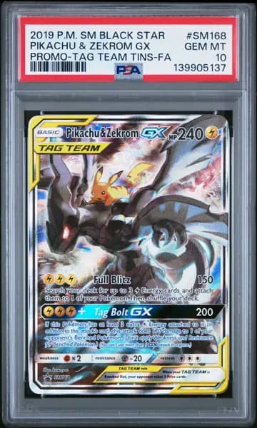2019 POKEMON SM TAG TEAM TINS #SM168 FULL ART/PIKACHU & ZEKROM GX PSA 10